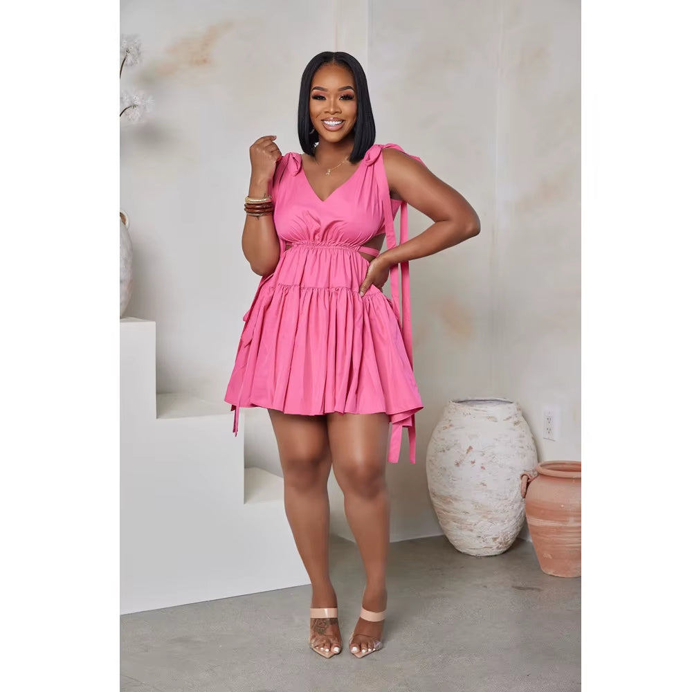 Women'S Sleeveless V-Neck Candy Colored Strap Nude Back Patchwork Dress for Summer 2025